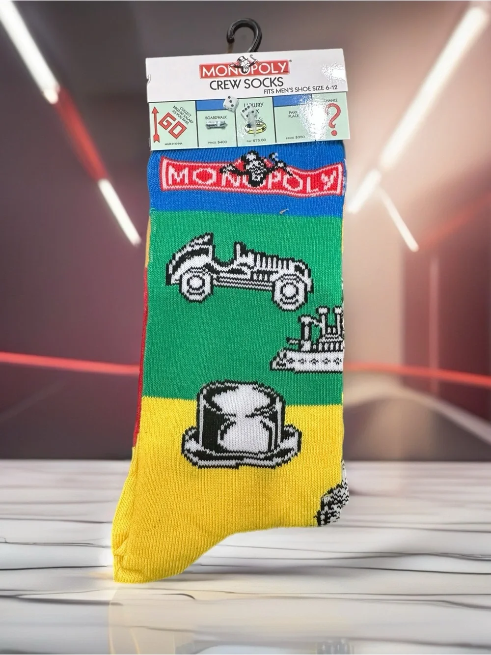Monopoly Crew Socks - Green & Yellow Game Piece Design